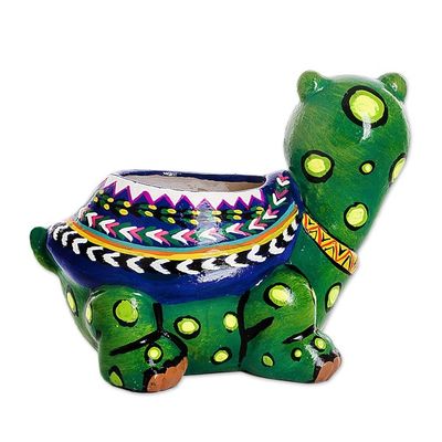 Alternate image for Hand-Painted Small Turtle Ceramic Flower Pot from Guatemala Mountain Turtle