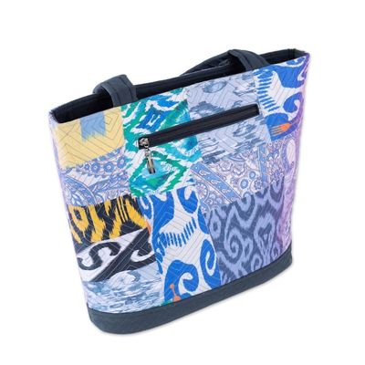 Alternate image for Blue-Toned Patchwork Ikat Tote Bag Crafted in Uzbekistan Blue Traditions