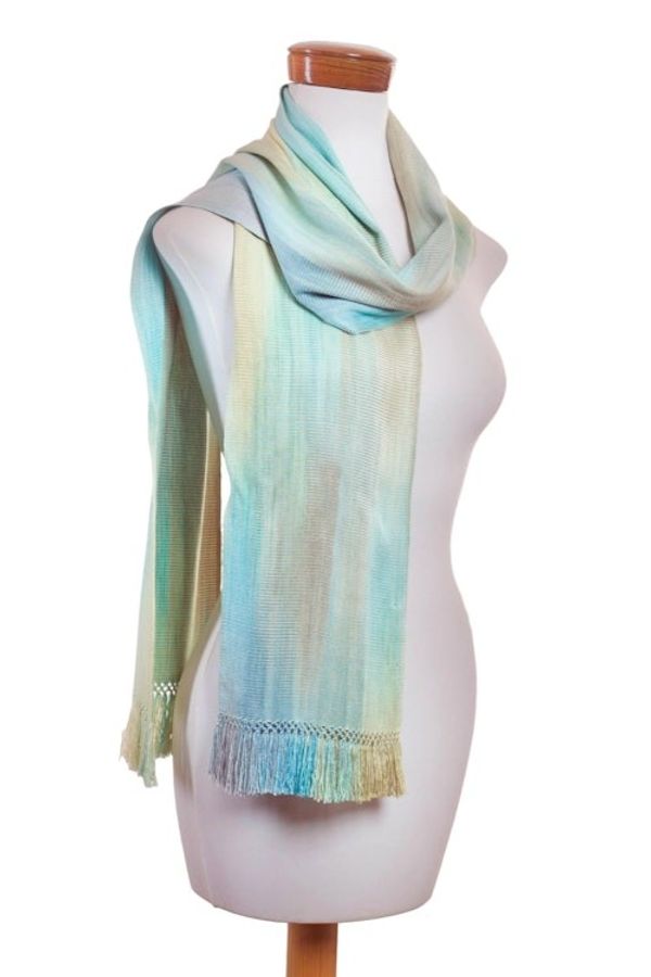 Alternate image for Hand Woven Pastel Blue Green Rayon Scarf Iridescent Mint Pastel