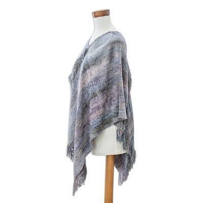 Alternate image for Handwoven Cotton Blend Poncho in Grey and Blue Hues Glamorous Lavender