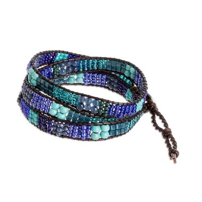 Alternate image for Blue and Sea Green Beaded Bracelet with Leather Trim Leather-Bound Sea