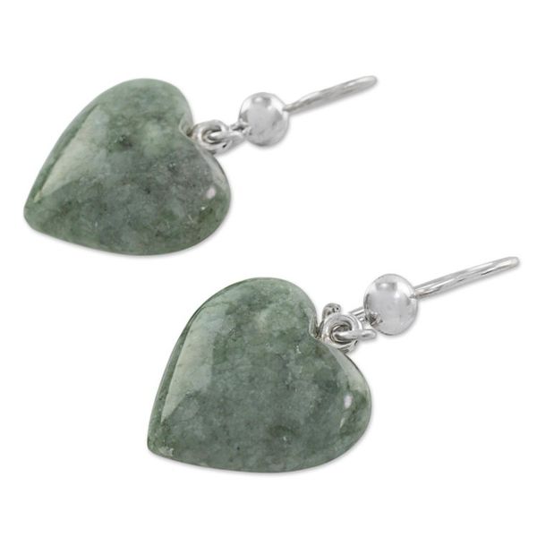 Alternate image for Green Heart Shaped Jade Silver Dangle Earrings Guatemala Mayan Heart in Green