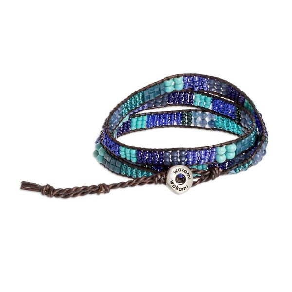 Alternate image for Blue and Sea Green Beaded Bracelet with Leather Trim Leather-Bound Sea