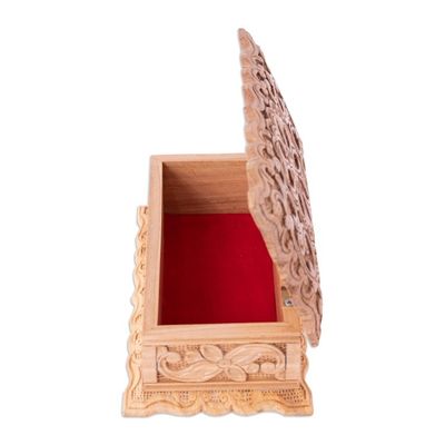 Alternate image for Hand-Carved Floral Natural Brown Elm Tree Wood Jewelry Box Secret Bouquet