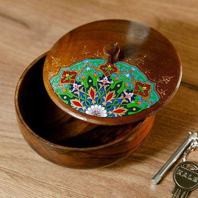 Alternate image for Painted Round Walnut Wood Jewelry Box with Floral Motifs Peacock Spirit