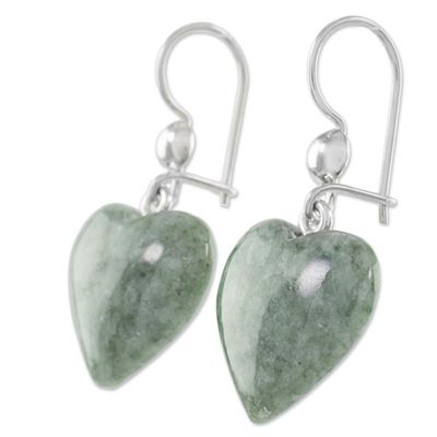 Alternate image for Green Heart Shaped Jade Silver Dangle Earrings Guatemala Mayan Heart in Green