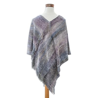 Alternate image for Handwoven Cotton Blend Poncho in Grey and Blue Hues Glamorous Lavender