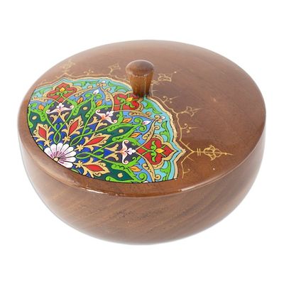 Alternate image for Painted Round Walnut Wood Jewelry Box with Floral Motifs Peacock Spirit