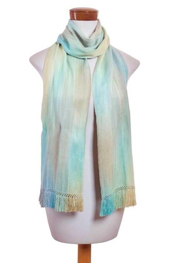 Alternate image for Hand Woven Pastel Blue Green Rayon Scarf Iridescent Mint Pastel