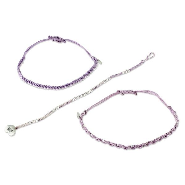 Alternate image for Lavender Macrame Bracelets with Silver Beads Set of 3 Lavender Lovelies