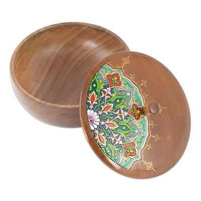 Alternate image for Painted Round Walnut Wood Jewelry Box with Floral Motifs Peacock Spirit