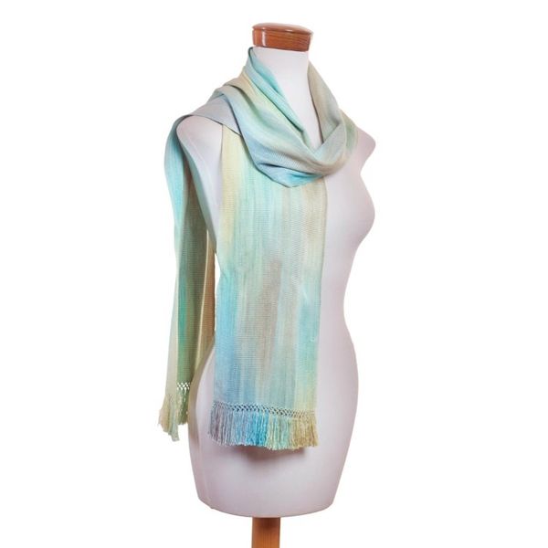 Alternate image for Hand Woven Pastel Blue Green Rayon Scarf Iridescent Mint Pastel