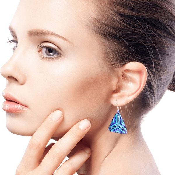 Alternate image for Triangular Glass Beaded Dangle Earrings in Blue Tribal Triangles