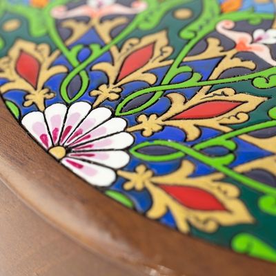 Alternate image for Painted Round Walnut Wood Jewelry Box with Floral Motifs Peacock Spirit