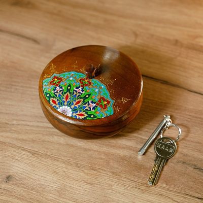 Alternate image for Painted Round Walnut Wood Jewelry Box with Floral Motifs Peacock Spirit