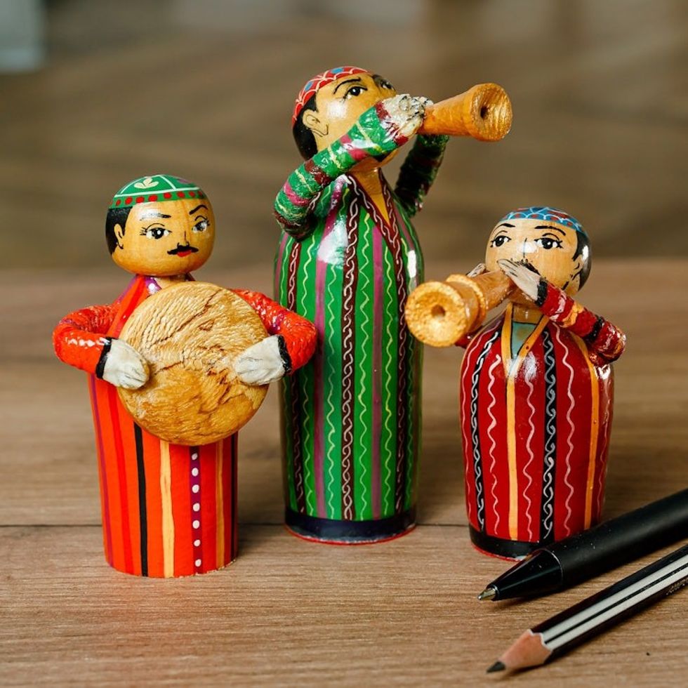 Set of Three Hand-Painted Wood Musician Figurines 'Gallant Ensemble'