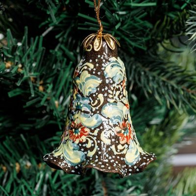 Alternate image for Hand-Painted Floral Brown Ceramic Bell Ornament Kingdom Melodies