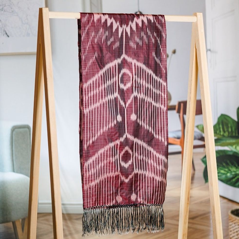 Burgundy Hand-Woven Fringed Silk Ikat Scarf from Uzbekistan 'Stylish Burgundy'