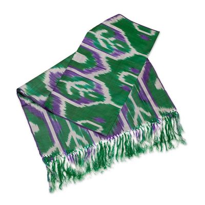 Alternate image for Handwoven Traditional Geometric Green Silk Shawl Green Oasis