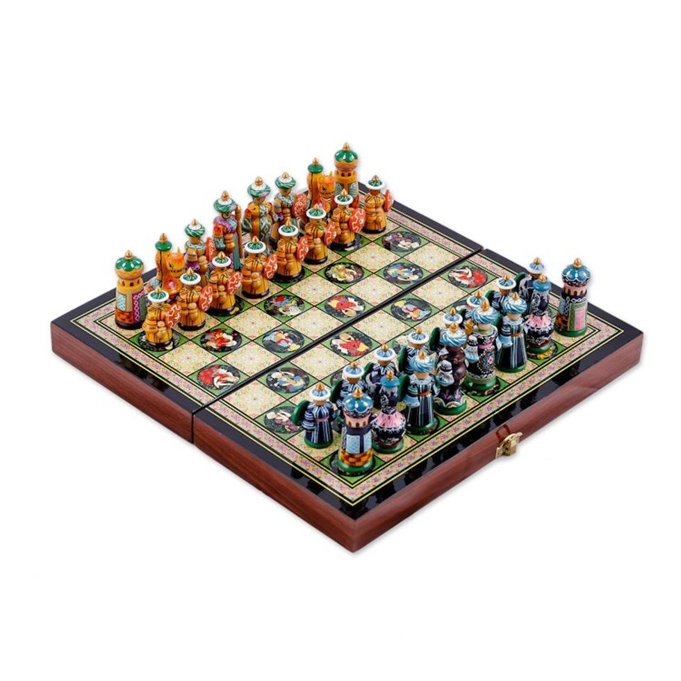 Handcrafted Classic Lacquered Wood Chess Set from Tajikistan 'Tajikistan Strategist'