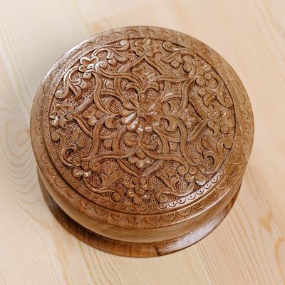 Alternate image for Classic Floral Round Walnut Wood Jewelry Box from Uzbekistan Middle East Bloom