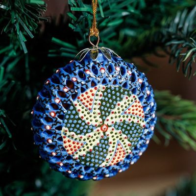 Alternate image for Painted Swirl-Patterned Blue and Yellow Ceramic Ornament Hypnotic Folklore