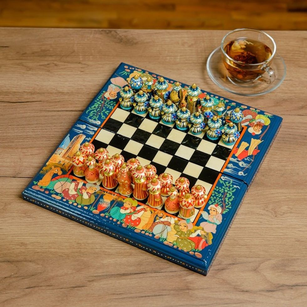 Handcrafted Painted Walnut Wood Chess Set in Blue 'Bukhara Strategies'