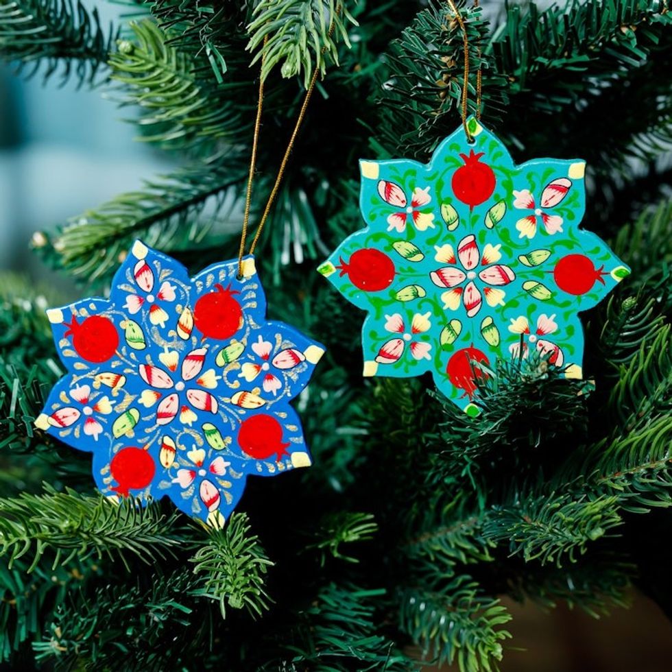 Pair of Lacquered Wood Star Ornaments Handmade in Uzbekistan 'Splendid Stars'