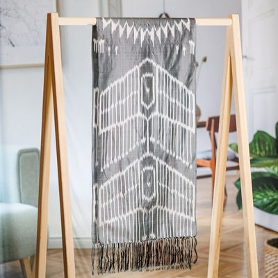 Alternate image for Handwoven Traditional Patterned Grey Silk Shawl Uzbekistan Waterfall in Grey