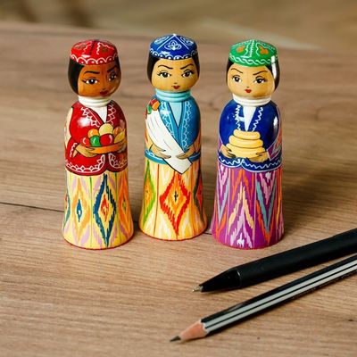 Alternate image for Set of 3 Handcrafted Traditional Multicolor Wood Figurines Tajikistan Dames