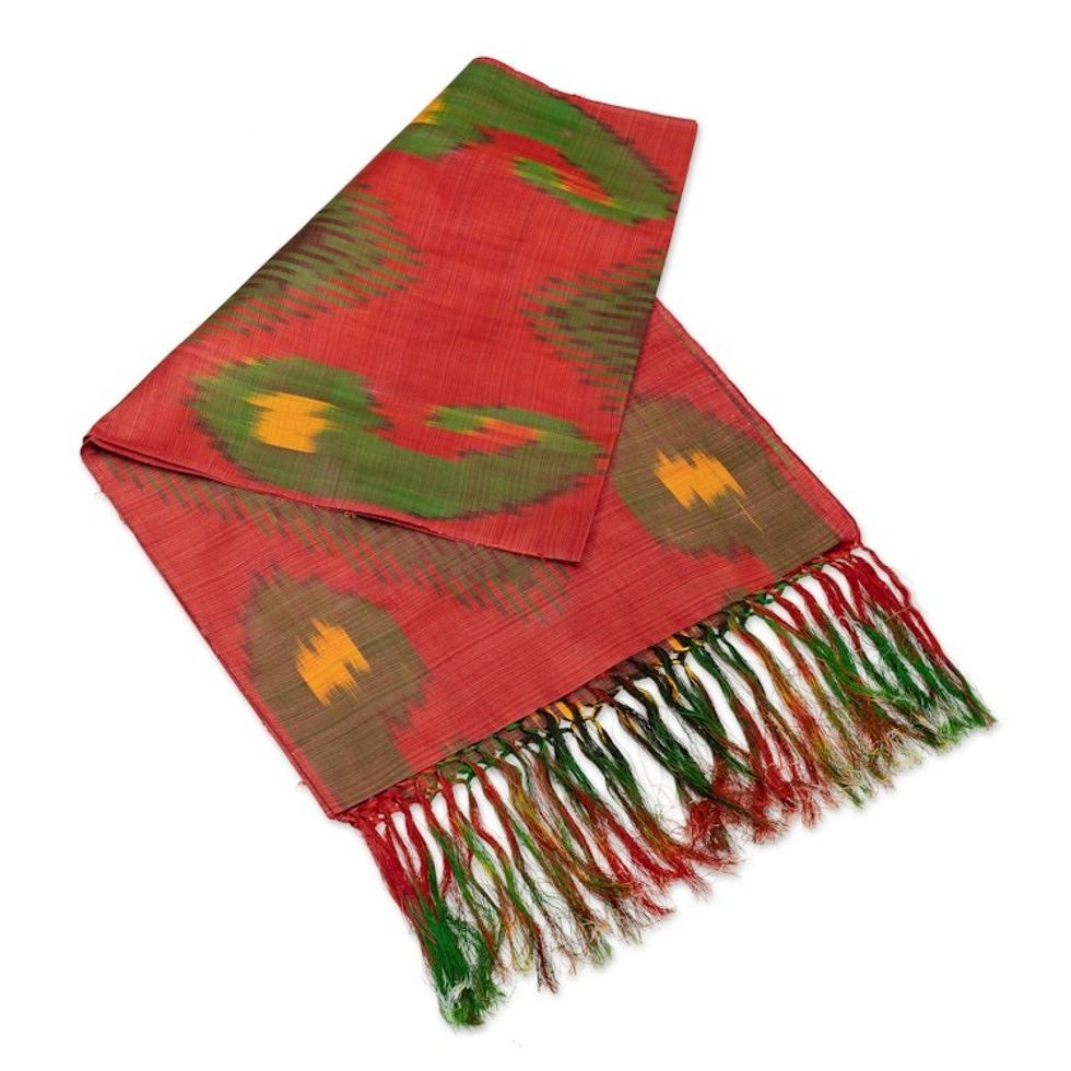 Hand-Woven Fringed Silk Ikat Scarf in Red Brown and Yellow 'Samarkand Market'