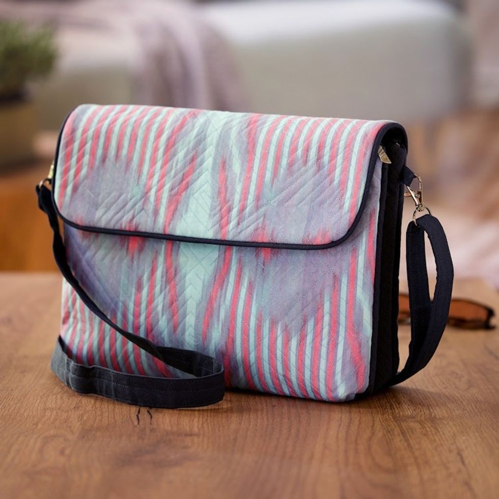 Pink and Blue Ikat Patterned Sling Bag from Uzbekistan 'Uzbekistan Winds'