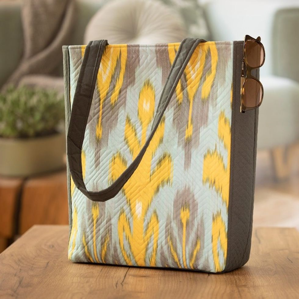 Grey Yellow  Light Blue Traditional Ikat Patterned Tote Bag 'Joyfulness'