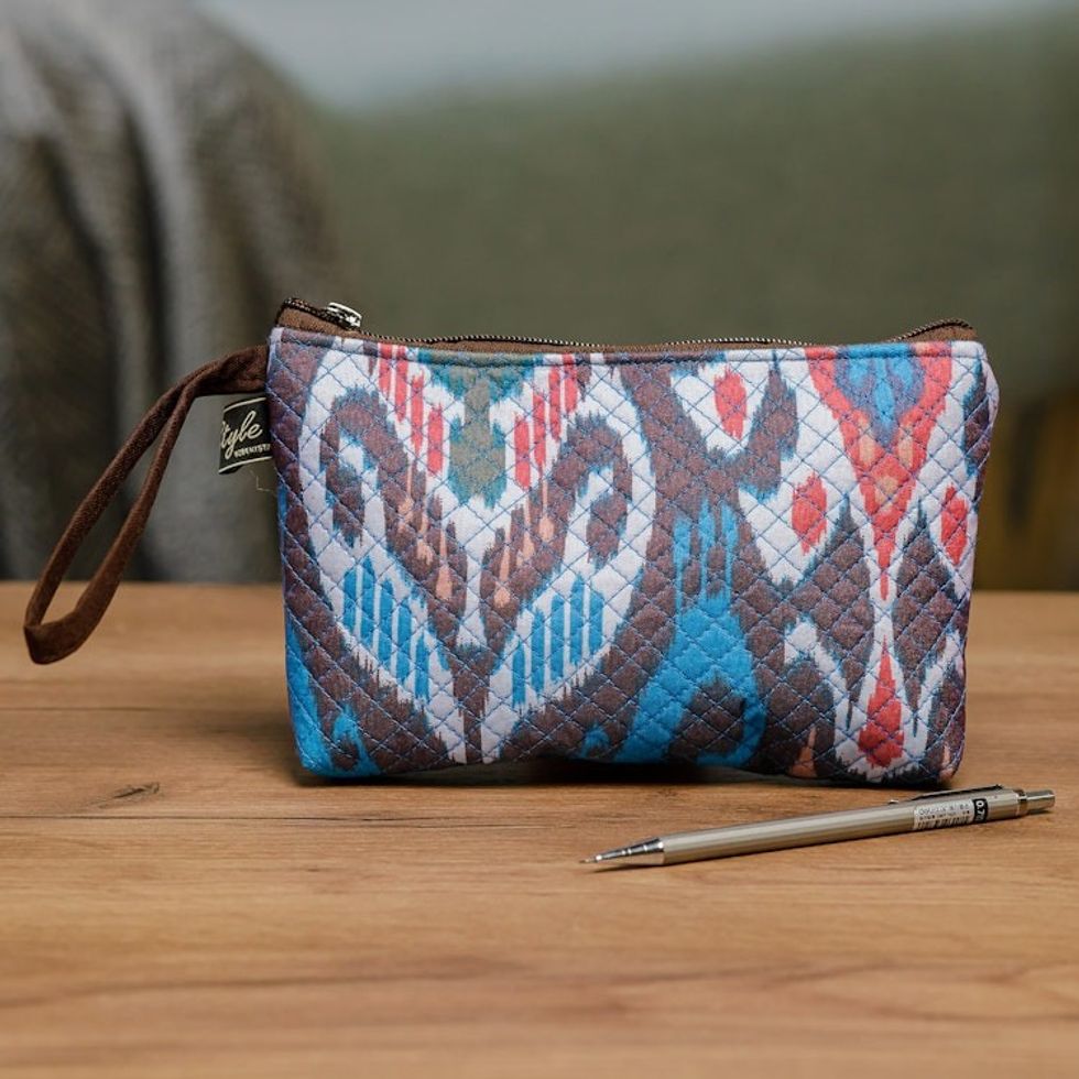 Traditional Ikat Patterned Cosmetic Bag with Zipper Closure 'Elegant Ideas'