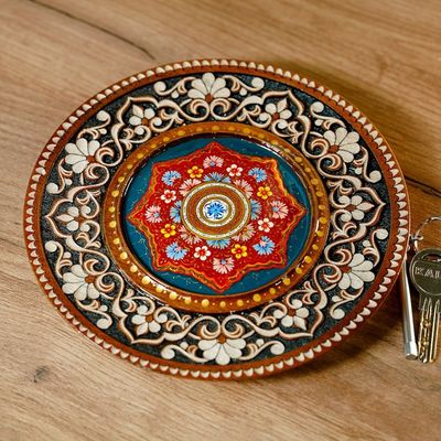 Alternate image for Hand-Carved Floral Walnut Wood Wall Art in Teal Uzbekistan Eden in Teal