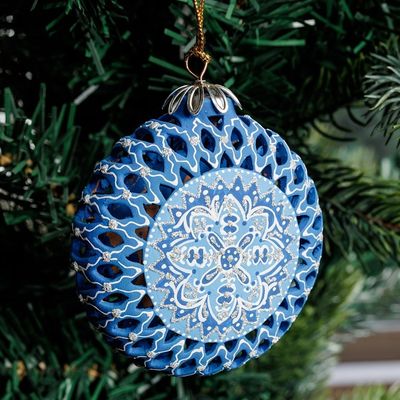 Alternate image for Blue Glazed Ceramic Floral Ornament Made  Painted by Hand Blue Folklore
