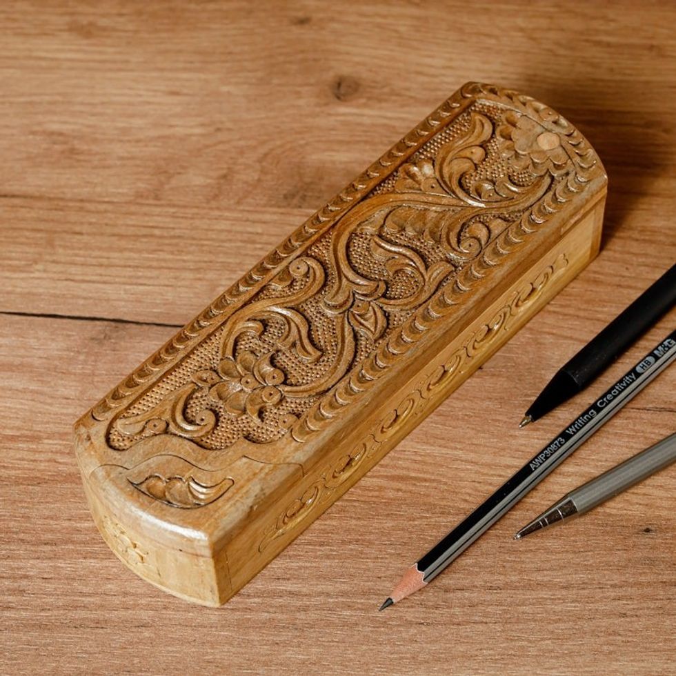 Hand-Carved Rectangle Floral Walnut Wood Puzzle Box 'Rectangle Paradise'