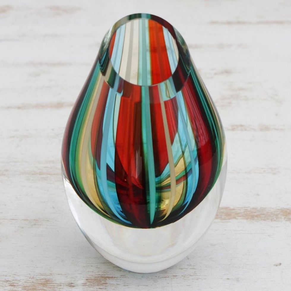 Striped Murano-Style Art Glass Vase 6 Inch 'Circus'