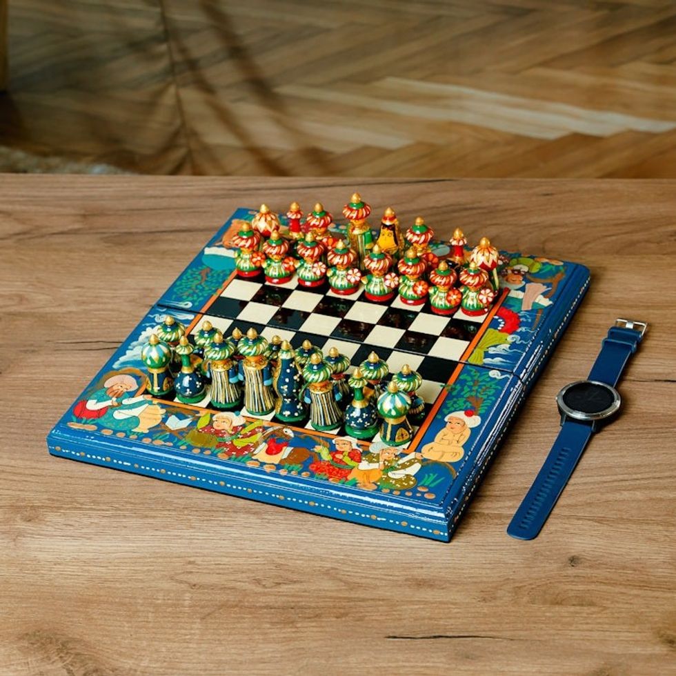 Handcrafted Painted Walnut Wood Chess Set in Teal 'Teal Bukhara Folklore'