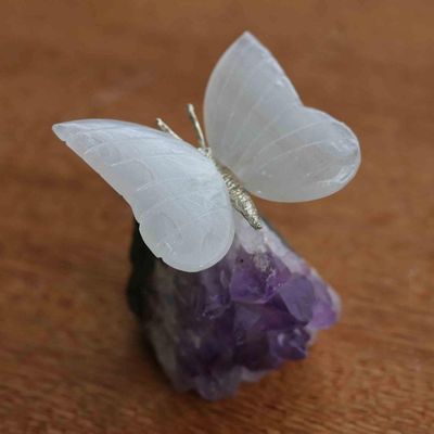 Alternate image for Butterfly With Selenite Wings on Amethyst Stone From Brazil Resting Butterfly