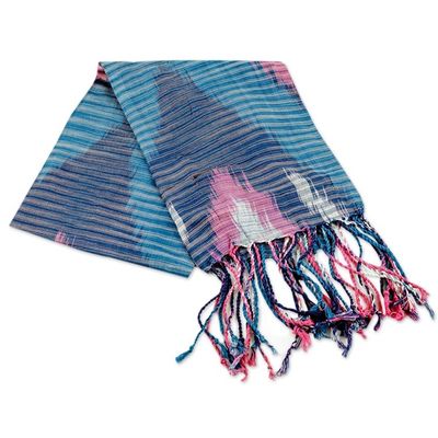 Alternate image for Hand-Woven Fringed Cotton Ikat Scarf in Blue Pink and White Uzbek Fashion