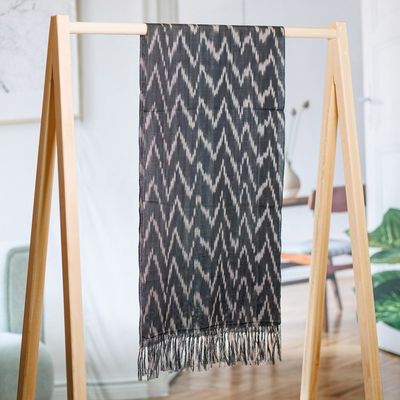 Alternate image for Handwoven Ikat Patterned Blue Cotton Scarf with Fringes Blue Frequencies