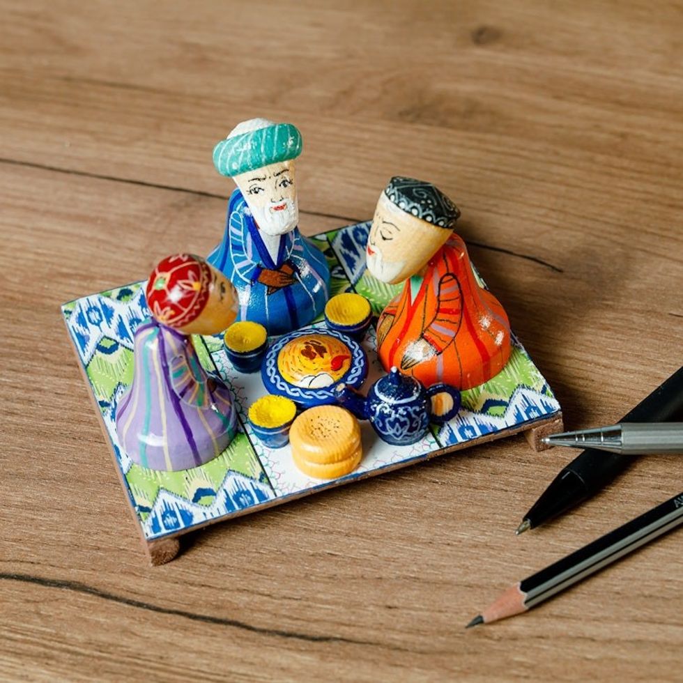Hand-Painted Cultural Pine and Birch Wood Sculpture ''Sage Gathering'
