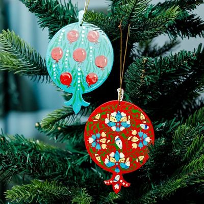 Alternate image for Pair of Lacquered Wood Pomegranate Ornaments from Uzbekistan Splendid Pomegranates