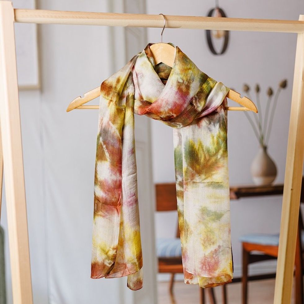 Handwoven Abstract Tie-Dyed Green and Brown Silk Scarf 'Forest Dimension'