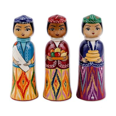 Alternate image for Set of 3 Handcrafted Traditional Multicolor Wood Figurines Tajikistan Dames