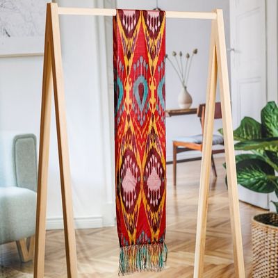 Alternate image for Handwoven Traditional Silk Scarf in Red and Teal Hues Crimson Samarkand Renaissance