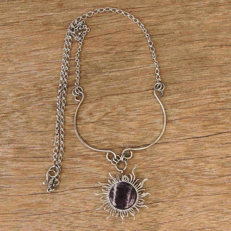 Stainless Steel Sun Pendant Necklace with Amethyst Gemstone 'Purple Rays'