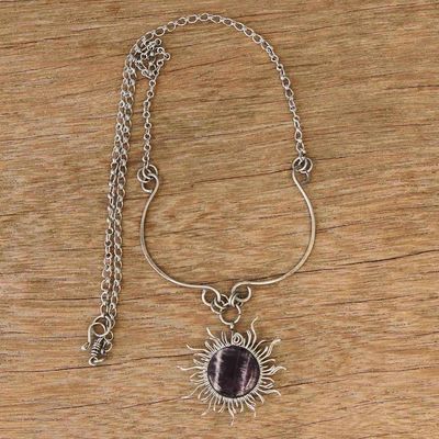 Alternate image for Stainless Steel Sun Pendant Necklace with Amethyst Gemstone Purple Rays