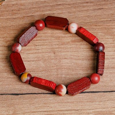 Alternate image for Handmade Jasper and Wood Beaded Stretch Bracelet in Red Fire Liberty